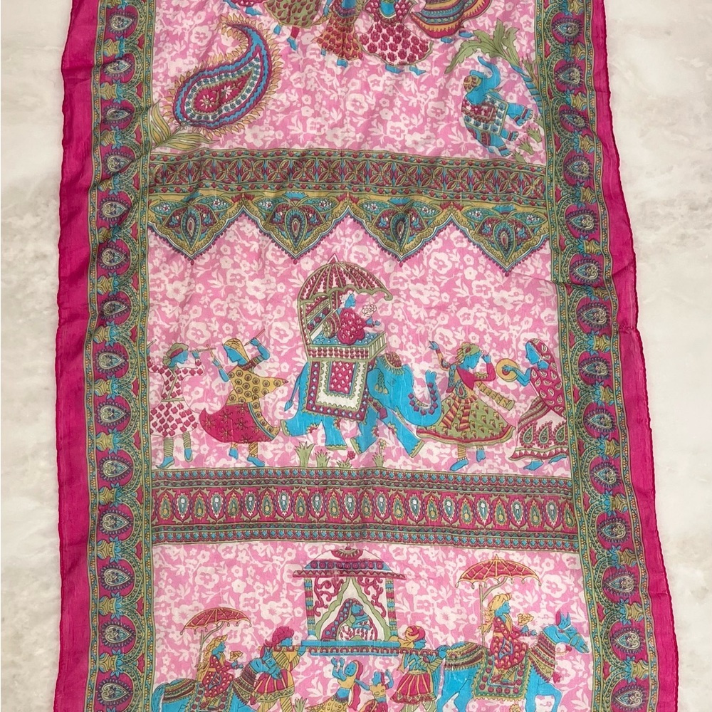 Vintage Silk Scarf Elephants Horses Paisley Pink Made India 18” X 68” Rectangle - Picture 16 of 16